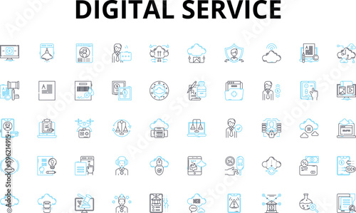 Digital service linear icons set. Online, Virtual, Connected, Social, Automated, Efficient, Streamlined vector symbols and line concept signs. Agile,Robust,Innovative illustration