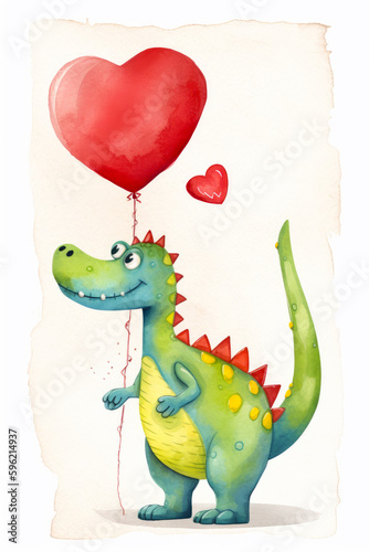 Watercolor painting of dinosaur holding heart balloon with heart shaped balloon attached to it. Generative AI.