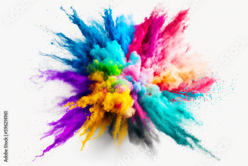 Multicolored explosion of colored powder on white background with space for text. Generative AI.