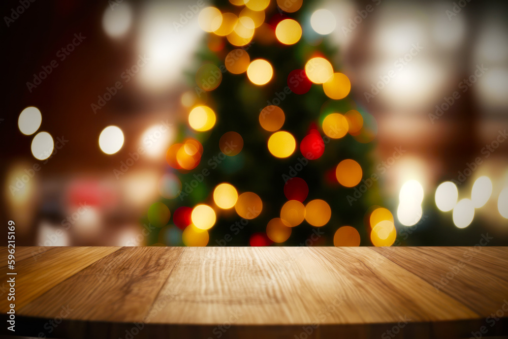 Wooden table top with blurry christmas tree in the back ground. Generative AI.