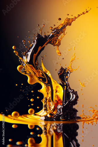 Yellow and black liquid splashing on top of black table top. Generative AI.