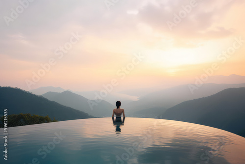 back view young adult female person enjoy relax in infinity edge luxury outdoor swimming pool looking on fog hill green mountains in warm sunset light. Alpine welness travel vacation  generative AI