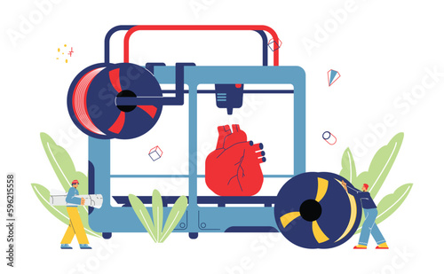 Medical 3D printer manufacturing human heart, flat vector illustration isolated on white background.