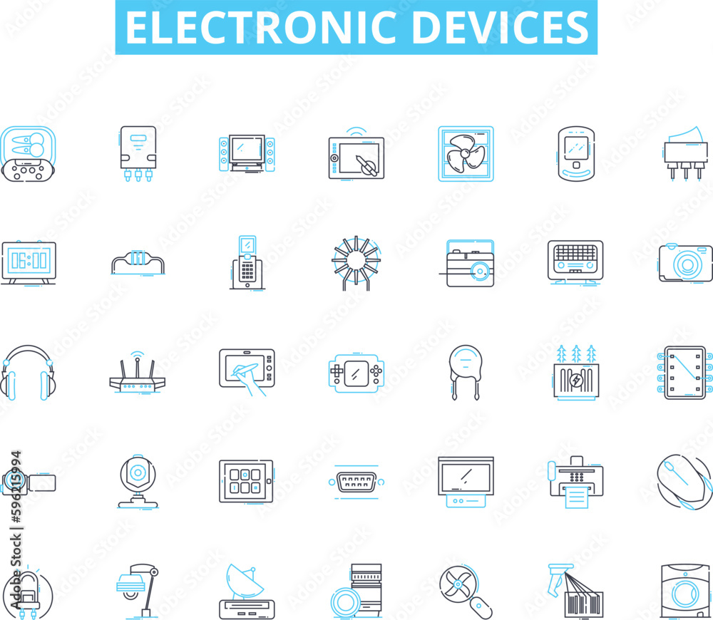 Electronic devices linear icons set. Smartph, Tablet, Laptop, Desktop, Smartwatch, Headphs, Speakers line vector and concept signs. Camera,Dr,Gaming outline illustrations