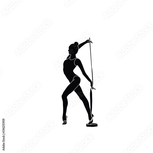 Ribbon Rhythmic Gymnastics flat sihouette vector. Rhythmic Gymnastics female athlete black icon on white background.