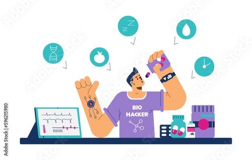 Health care biohacking program for health surveillance, flat vector isolated.