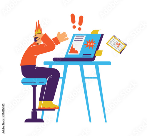 Office worker experiencing stress leading to burnout, flat vector isolated.