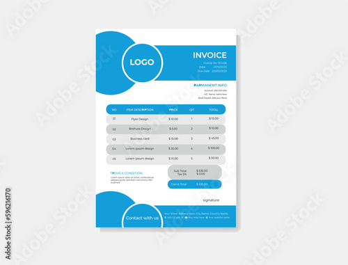Modern and Creative invoice design. Invoice Layout with Blue Accents. 