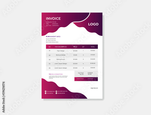 Business invoice form template. Bill form business invoice accounting. Professional and modern invoice template.