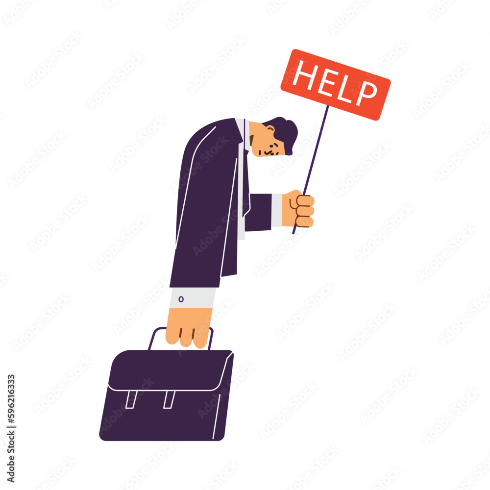 Exhausted depressed worker or businessman needs help, flat vector isolated. Exhausted depressed worker or businessman needs help, flat vector isolated.