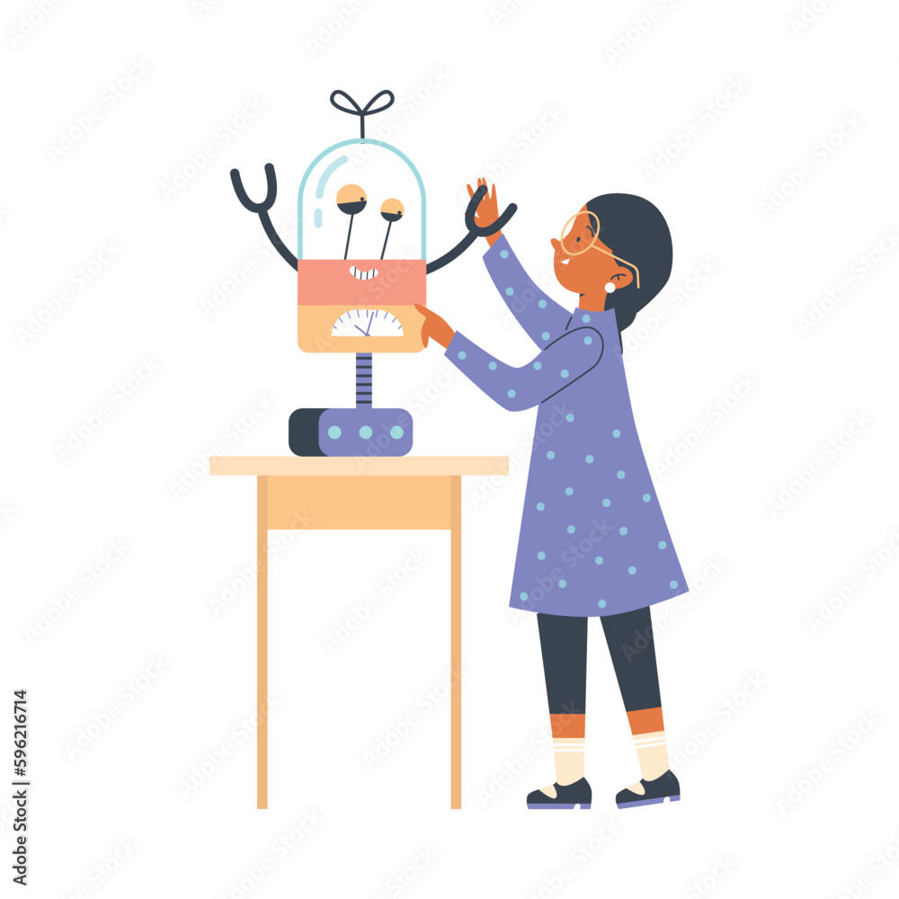 School girl playing or studying smart robot, cartoon flat vector illustration isolated on white background. School girl playing or studying smart robot, cartoon flat vector illustration isolated on white background.