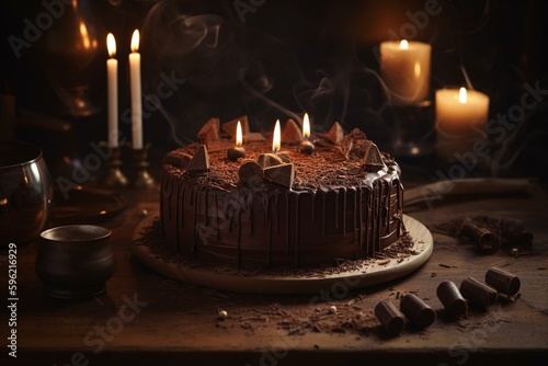 Chocolate cake with lit candles. Generative AI