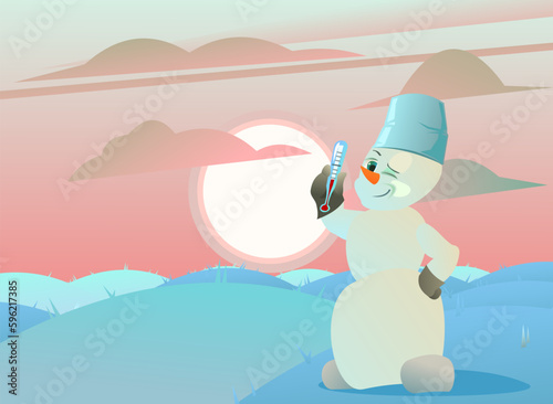 Snowman with thermometer shows severe frost. Landscape with harsh sunset. Funny character smiles. Snow guy. Cartoon fun style. Flat design. Vector