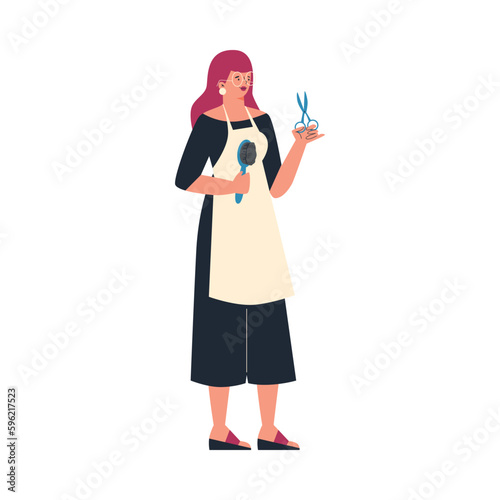 Female hairdresser holding scissors and comb, flat vector illustration isolated on white background.