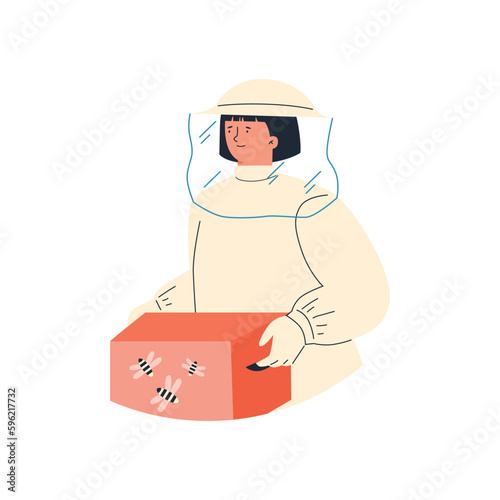 Female beekeeper in protective equipment with bee hive, flat vector illustration isolated on white background.