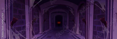 Abandoned castle cave for medieval game cartoon. Creature eye glow in corridor. Dark spooky masonry stone wall in palace underground dungeon corridor. Halloween scary horror fantasy jail front view.