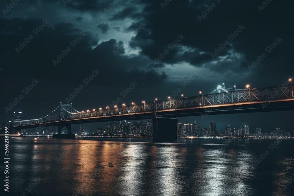 Nighttime bridge over water with city lights and cloudy sky. Generative AI