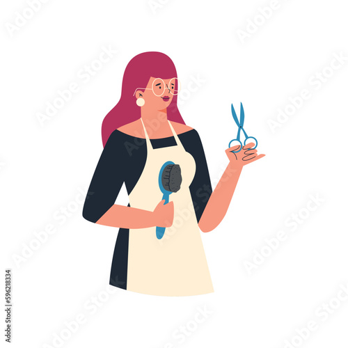 Professional woman hairdresser with comb, flat vector illustration isolated.