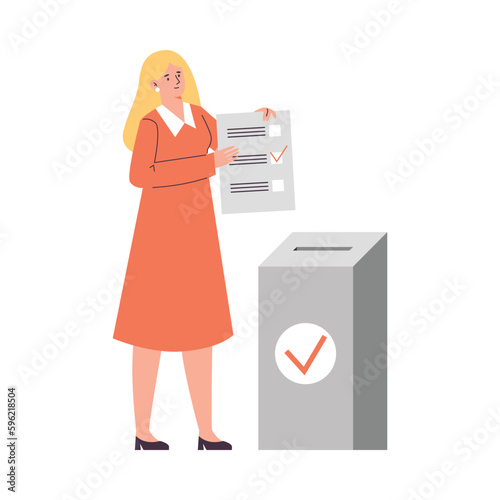 Woman voting for candidate in electoral campaign, flat vector isolated.