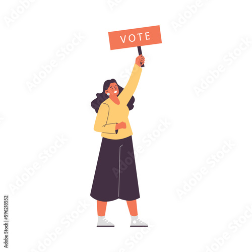 Activist with banner calling people to voting, flat vector illustration isolated.