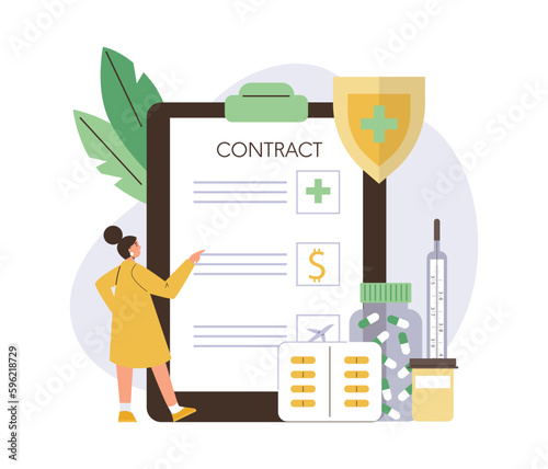 Employee Benefits banner with woman reading employment contract, flat vector.