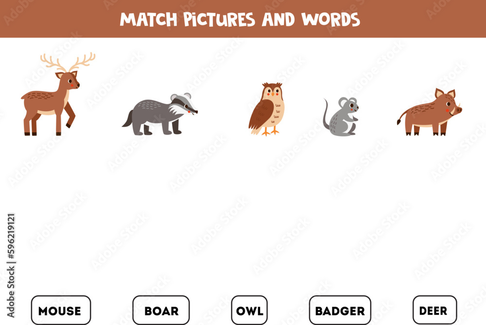 Matching game. Match cute woodland animals and words.