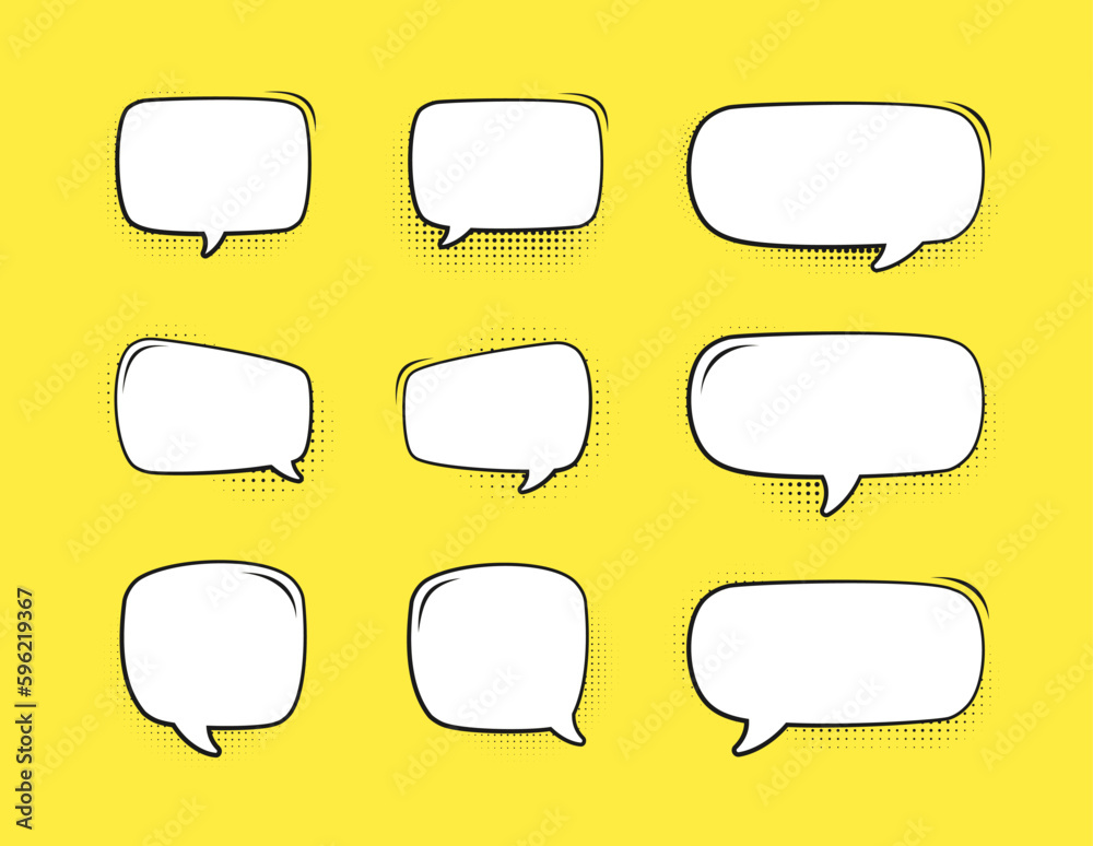 Retro blank comic speech bubble with black halftone shadows on yellow background set. Vector illustration text frame, vintage design, pop art style Retro blank comic speech bubble with black halftone shadows on yellow background set. Vector illustration text frame, vintage design, pop art style