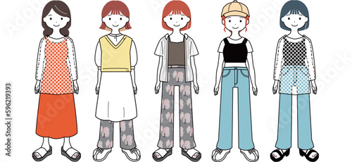 私服の女性の全身イラストセット