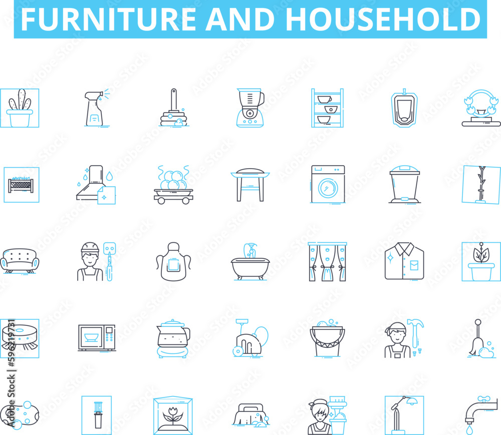 Furniture and household linear icons set. Sofa, Bed, Chair, Table, Cabinet, Ottoman, Lamp line vector and concept signs. Rug,Pillow,Bookshelf outline illustrations Furniture and household linear icons set. Sofa, Bed, Chair, Table, Cabinet, Ottoman, Lamp line vector and concept signs. Rug,Pillow,Bookshelf outline illustrations