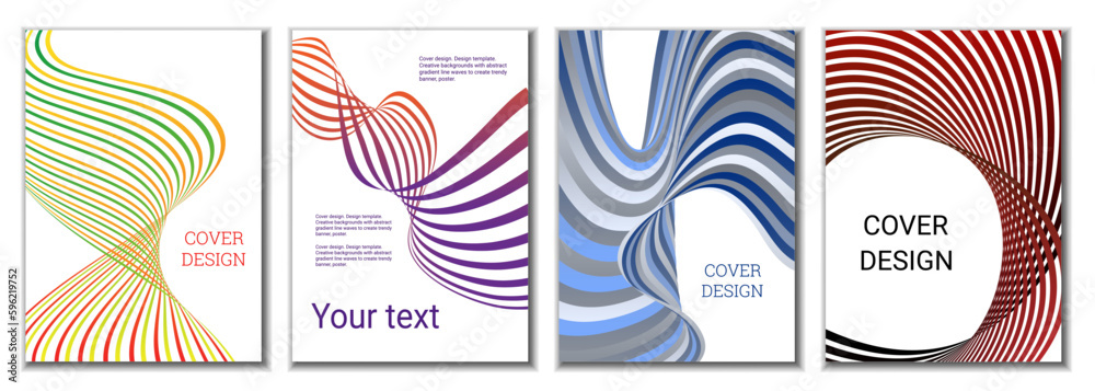 A set of 4 abstract covers. Wavy parallel gradient lines, ribbons evolve. Cover design, background. Trendy banner, poster. A set of 4 abstract covers. Wavy parallel gradient lines, ribbons evolve. Cover design, background. Trendy banner, poster.