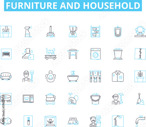 Furniture and household linear icons set. Sofa, Bed, Chair, Table, Cabinet, Ottoman, Lamp line vector and concept signs. Rug,Pillow,Bookshelf outline illustrations