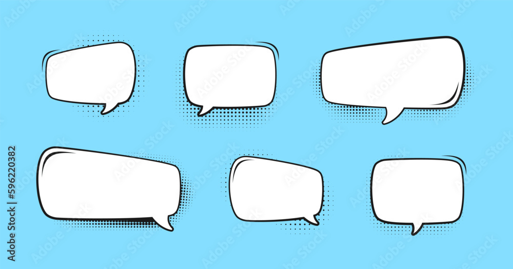 Retro empty speech bubble with black halftone shadows set. Vector illustration comic manga text frame, vintage design, pop art style Retro empty speech bubble with black halftone shadows set. Vector illustration comic manga text frame, vintage design, pop art style