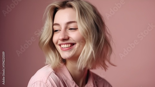 Happy woman portrait pink background , Generative Ai