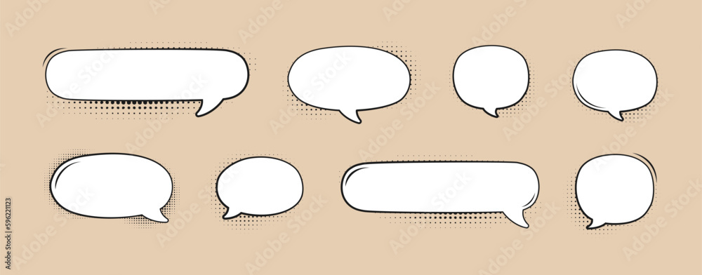 Retro speech bubble with black halftone shadows on yellow background template set. Vector illustration blank comic text frame, vintage design, pop art style Retro speech bubble with black halftone shadows on yellow background template set. Vector illustration blank comic text frame, vintage design, pop art style