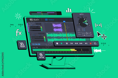 The Audio Editor Program is displayed on the computer. Audio Recording Audition. Digital sound workstation. Music application. Sounds  montage. Creating remixes of music tracks. Podcast software. Fake