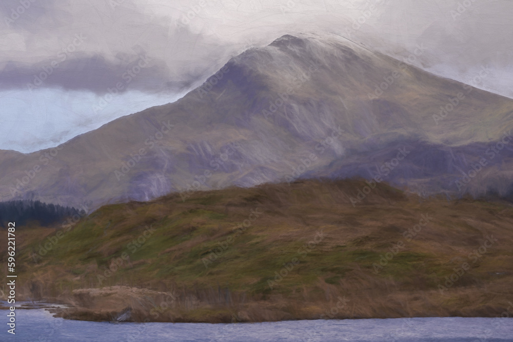 Digital painting of Moel Hebog Mountain. Snowdonia National Park in North Wales, UK from Llyn Dywarchen Digital painting of Moel Hebog Mountain. Snowdonia National Park in North Wales, UK from Llyn Dywarchen