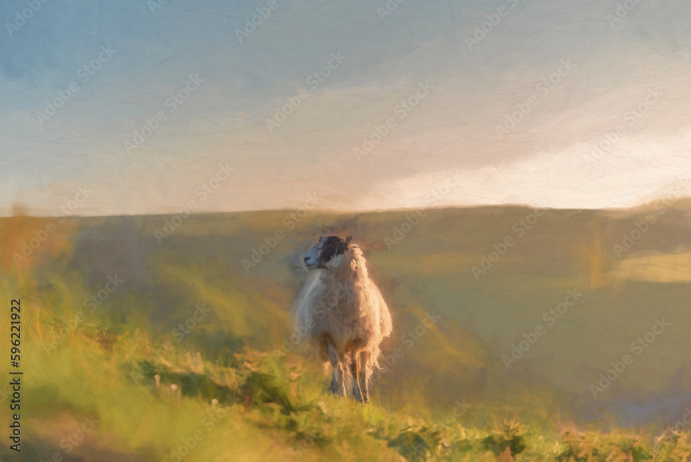Fototapeta premium Digital painting of sheep grazing on Parkhouse Hill, and Chrome Hill at sunrise, in the Peak District National Park
