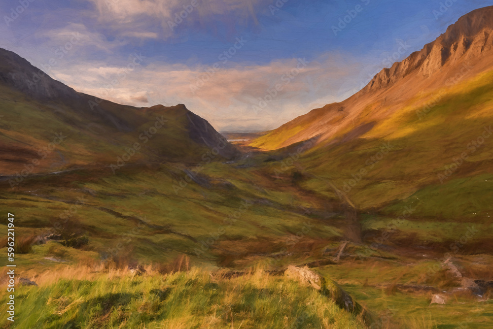 Digital painting of the Nantlle Valley in the Snowdonia National Park, Wales.