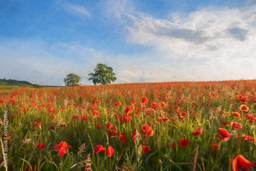 Digital painting of a red poppy field at sunset in the Peak District National park, UK