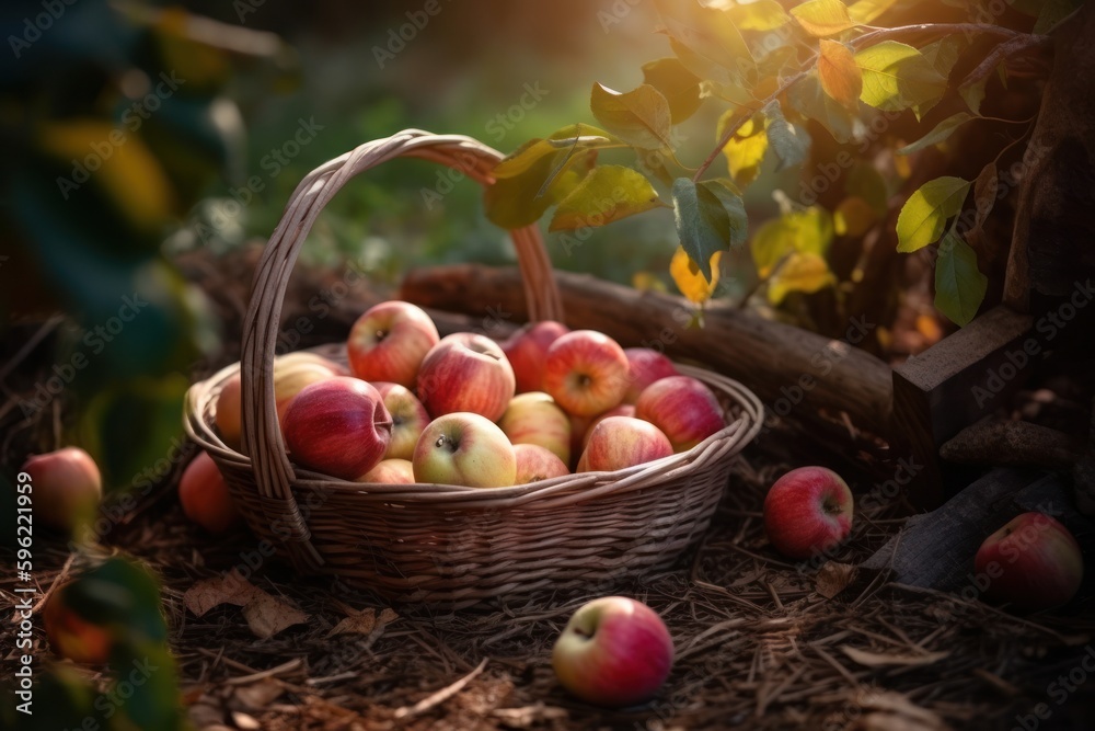 Ripe apples in a wicker basket on the grass in the garden, Generative AI Ripe apples in a wicker basket on the grass in the garden, Generative AI