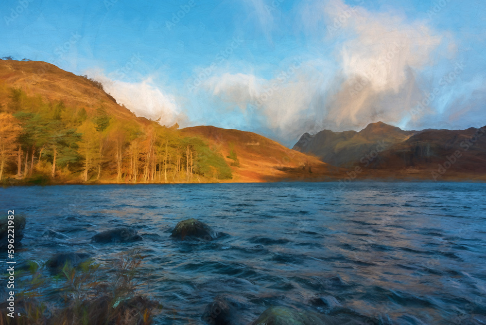 Digital painting of Blea Tarn in the English Lake District with views of the Langdale Pikes, and Side Pike during autumn.
