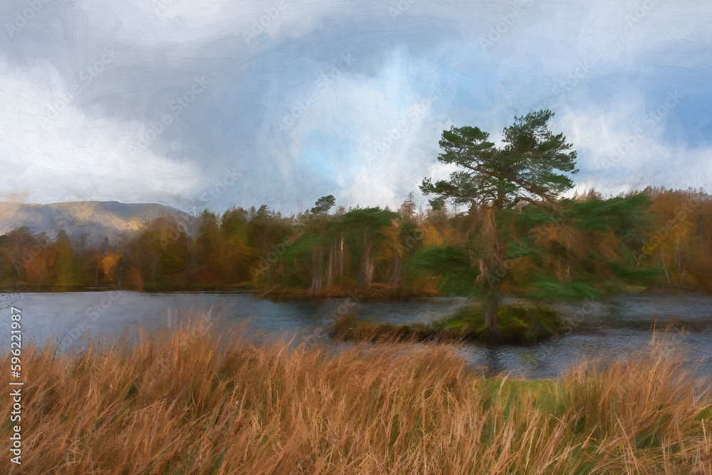 Digital painting of Tarn Hows in the English Lake District with views of Yewdale Crag, and Holme Fell during autumn. Digital painting of Tarn Hows in the English Lake District with views of Yewdale Crag, and Holme Fell during autumn.