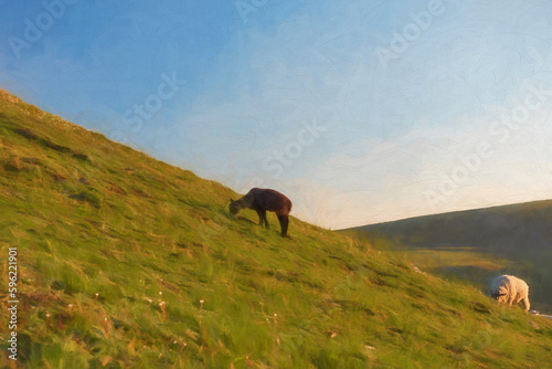 Digital painting of sheep grazing on Parkhouse Hill, and Chrome Hill at sunrise, in the Peak District National Park