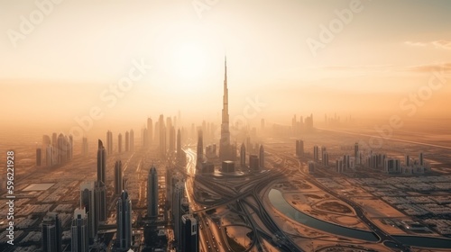Aerial view of Dubai city skyline at sunset. Generative AI © LAYHONG