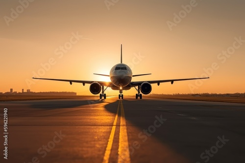 Airplane on the runway at sunset. Generative AI