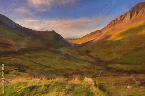 Digital painting of the Nantlle Valley in the Snowdonia National Park, Wales. photo