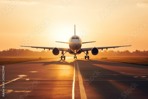 Airplane on the runway at sunset. Travel and transportation concept. Generative AI