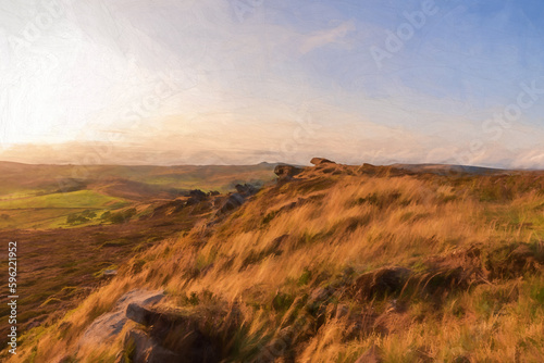 Digital painting of the trig point on top of The Roaches at sunset in the Peak District National Park.