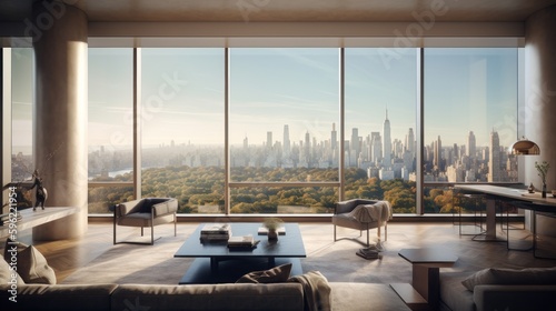 Modern living room interior with panoramic window and city view. Generative AI