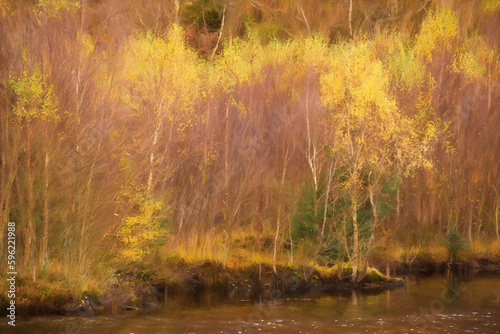 Digital painting of Tarn Hows in the English Lake District with views of Yewdale Crag, and Holme Fell during autumn. photo